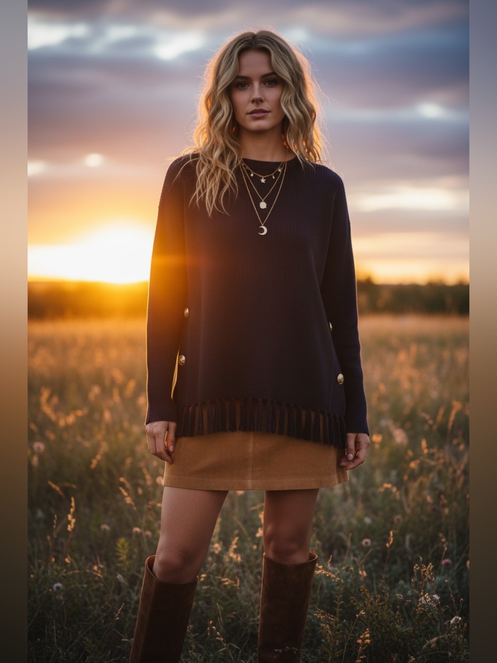 Lilly Pulitzer Black Side Slit Fringe Tunic Sweater Gold Logo Buttons Size Small